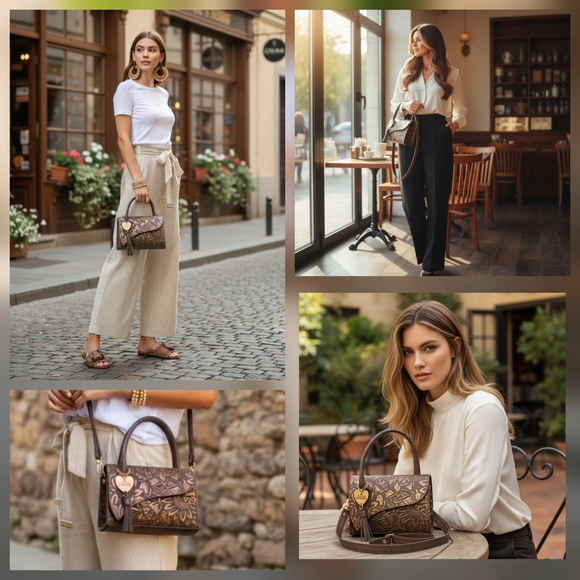 Dark Brown Gold Sunflower Embossed Tooled Artisan LEATHER Crossbody bag - Picture 3 of 15